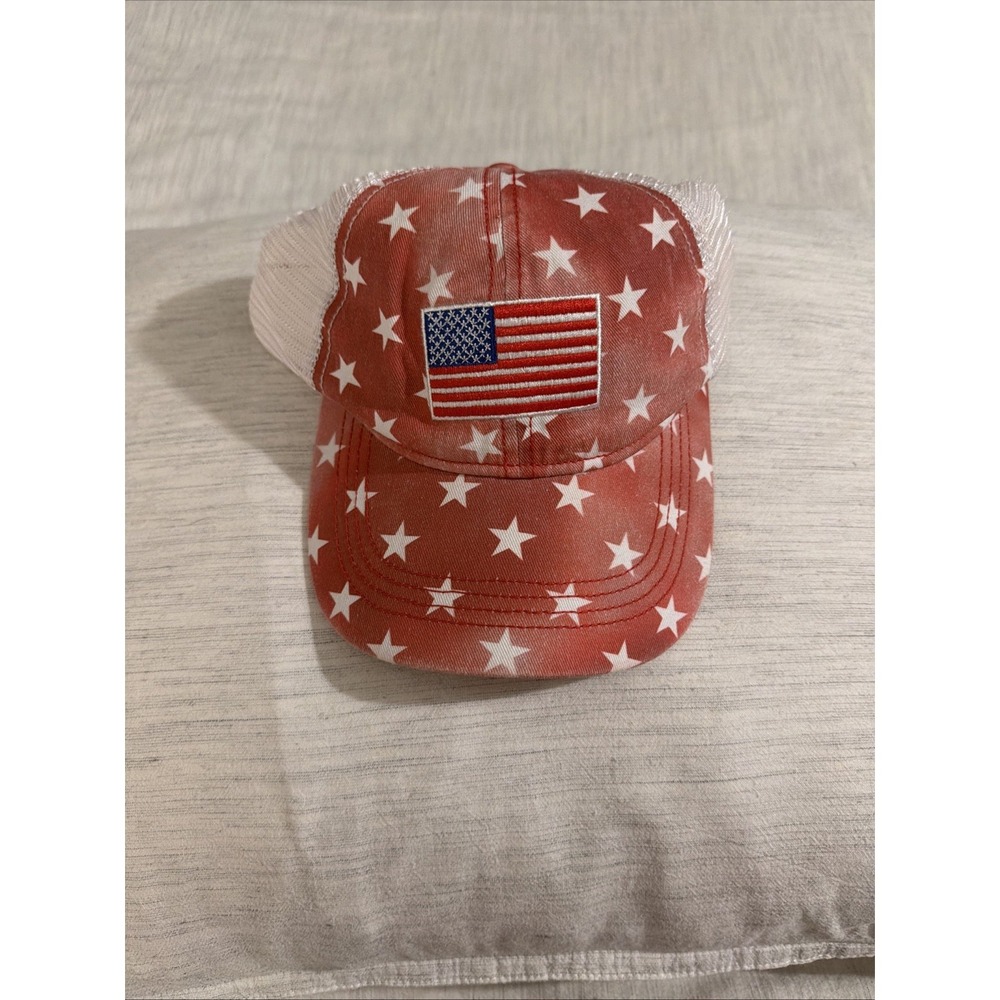 PUGS USA American Flag Snapback Faded Red White Stars Mesh Trucker Hat NWT